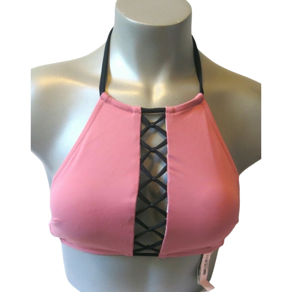 Victoria's Secret PINK Begonia w/ Black Strappy High Neck Swim Top XS